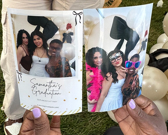 Photo booth strips from Samantha's graduation party, featuring friends and fun props.